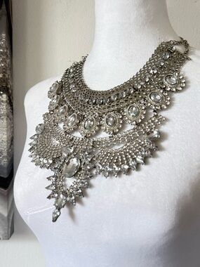 Statement Silver Crystal Bib Necklace -  Women Jewelry